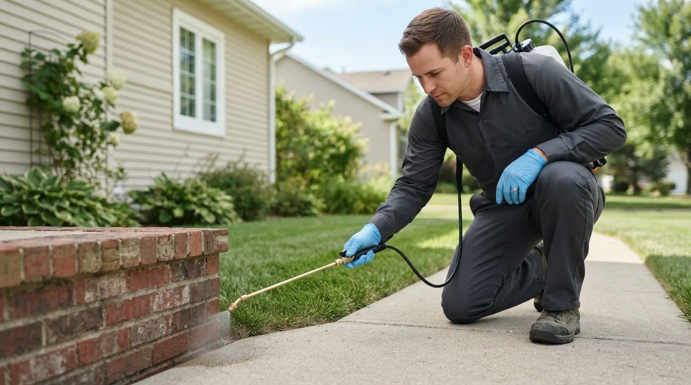 Pest control technician treating a home near Coopersville, MI