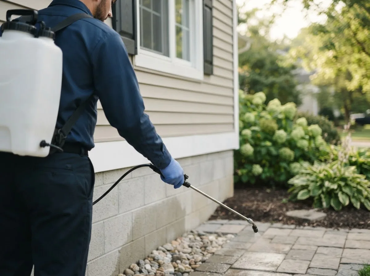 Pest control technician inspecting a home in Coopersville, MI